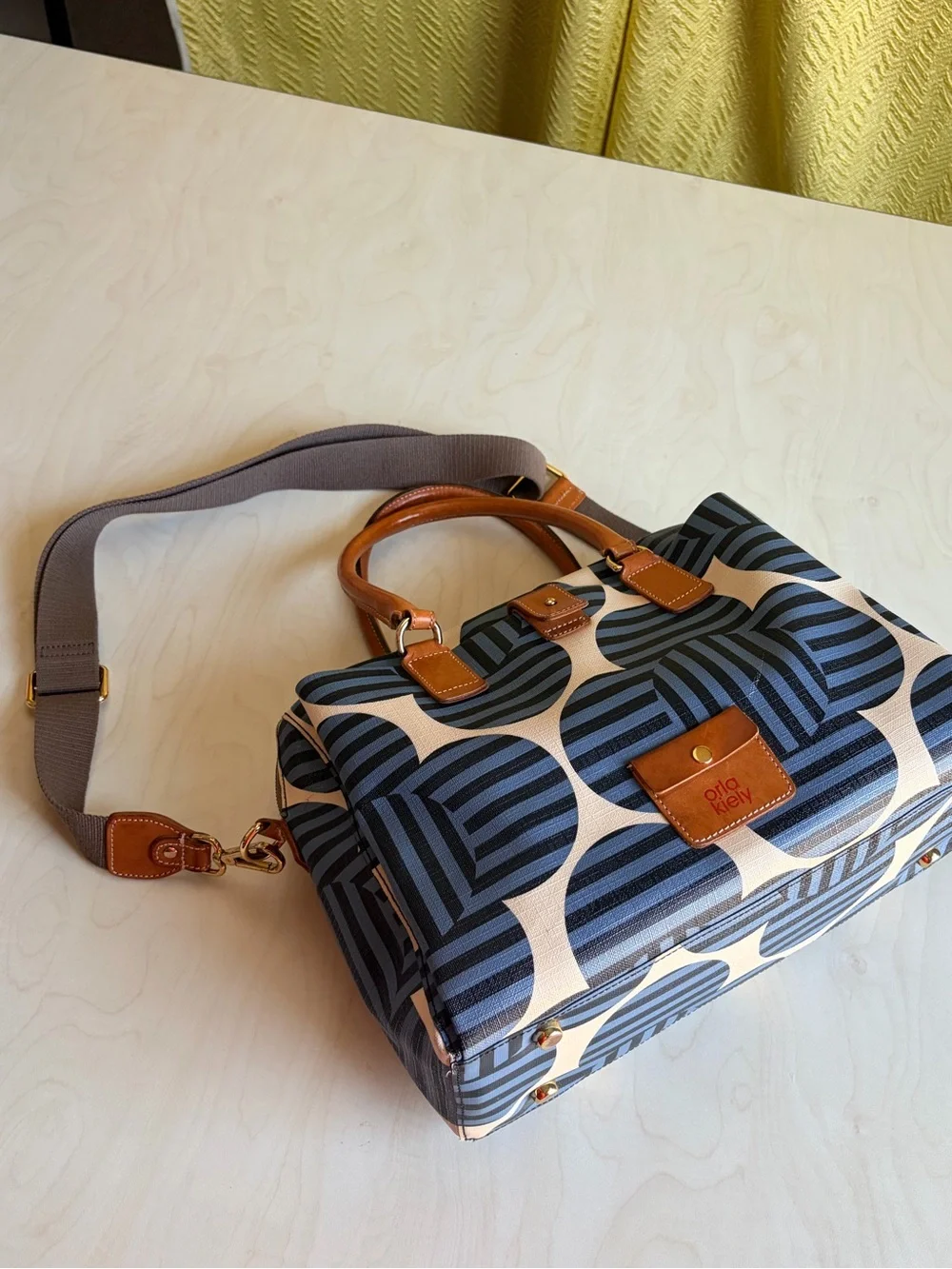 Orla Kiely Blue and Cream Graphic Print Satchel with Tan Trim